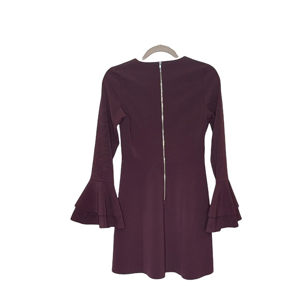 PARKER Orlando Laser Cut Bell Ruffle long Sleeve Dress Raisin Sheath Red 0 New - Picture 8 of 14